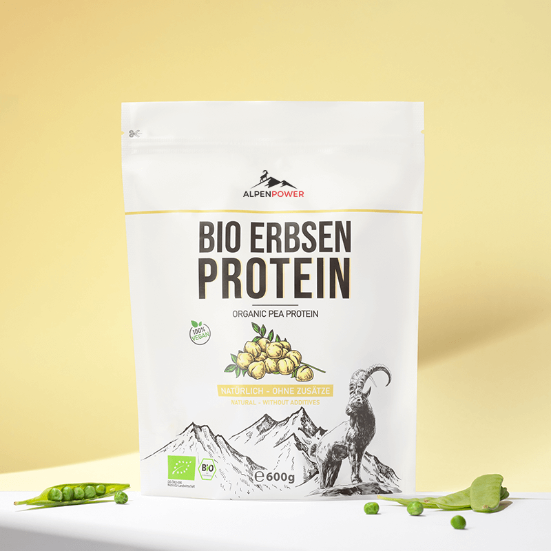 Veganes Bio Erbsenprotein Pulver – hochwertige Verpackung & feines pflanzliches Eiweißpulver, ideal für bewusste Ernährung