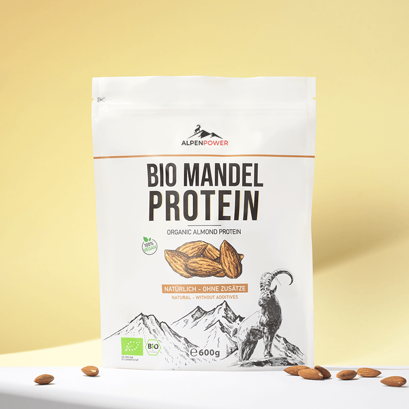 Veganes Bio Mandelprotein – feines, pflanzliches Pulver im Detail, ideal für Shakes, Low-Carb & Backen